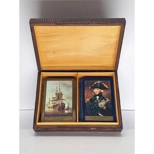 Vintage Double Deck Playing Card Box Handmade Wood With Embedded Copper 2 Decks